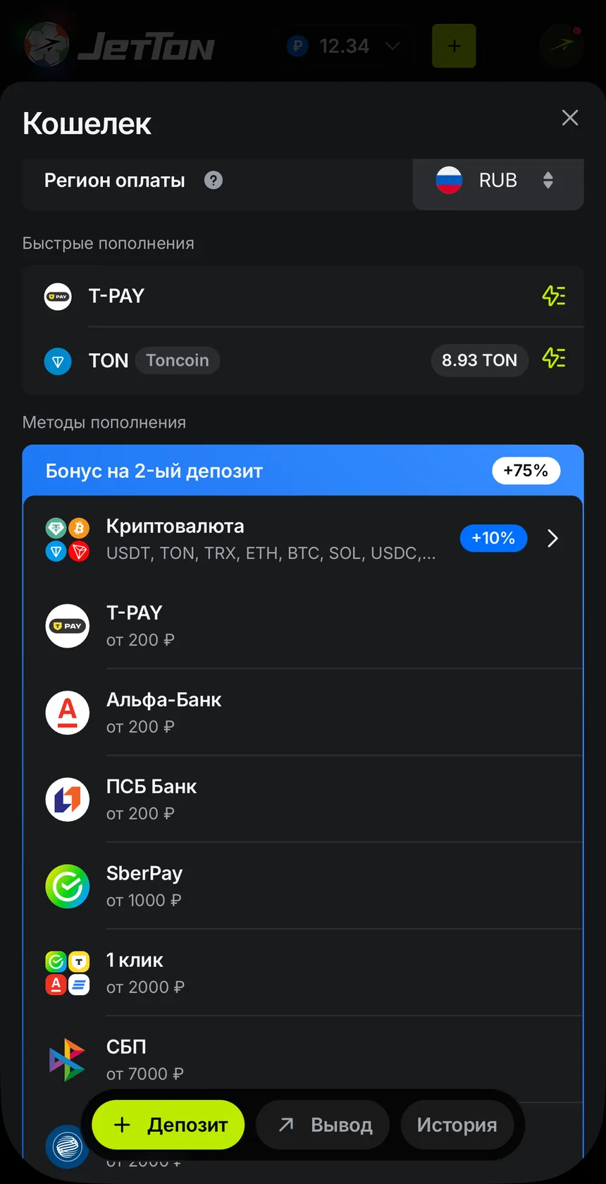 Касса JetTon — методы пополнения в рублях: криптовалюта с бонусом +10%, T-PAY и Альфа-Банк от 200 ₽, SberPay от 1000 ₽, СБП от 7000 ₽