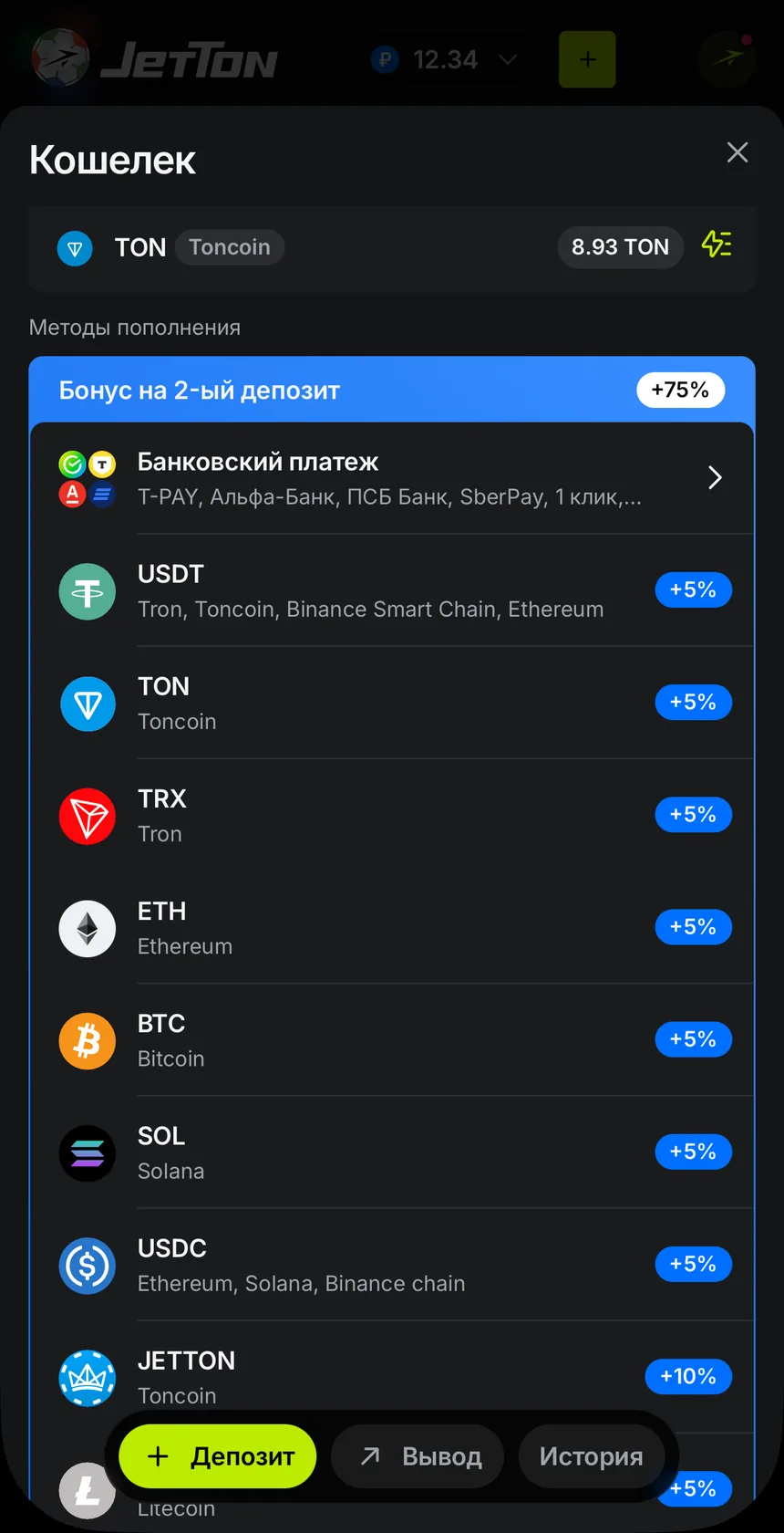 Кошелёк JetTon, крипто-методы пополнения: USDT, TON, TRX, ETH, BTC, SOL, USDC с бонусом +5%, токен JETTON с бонусом +10%