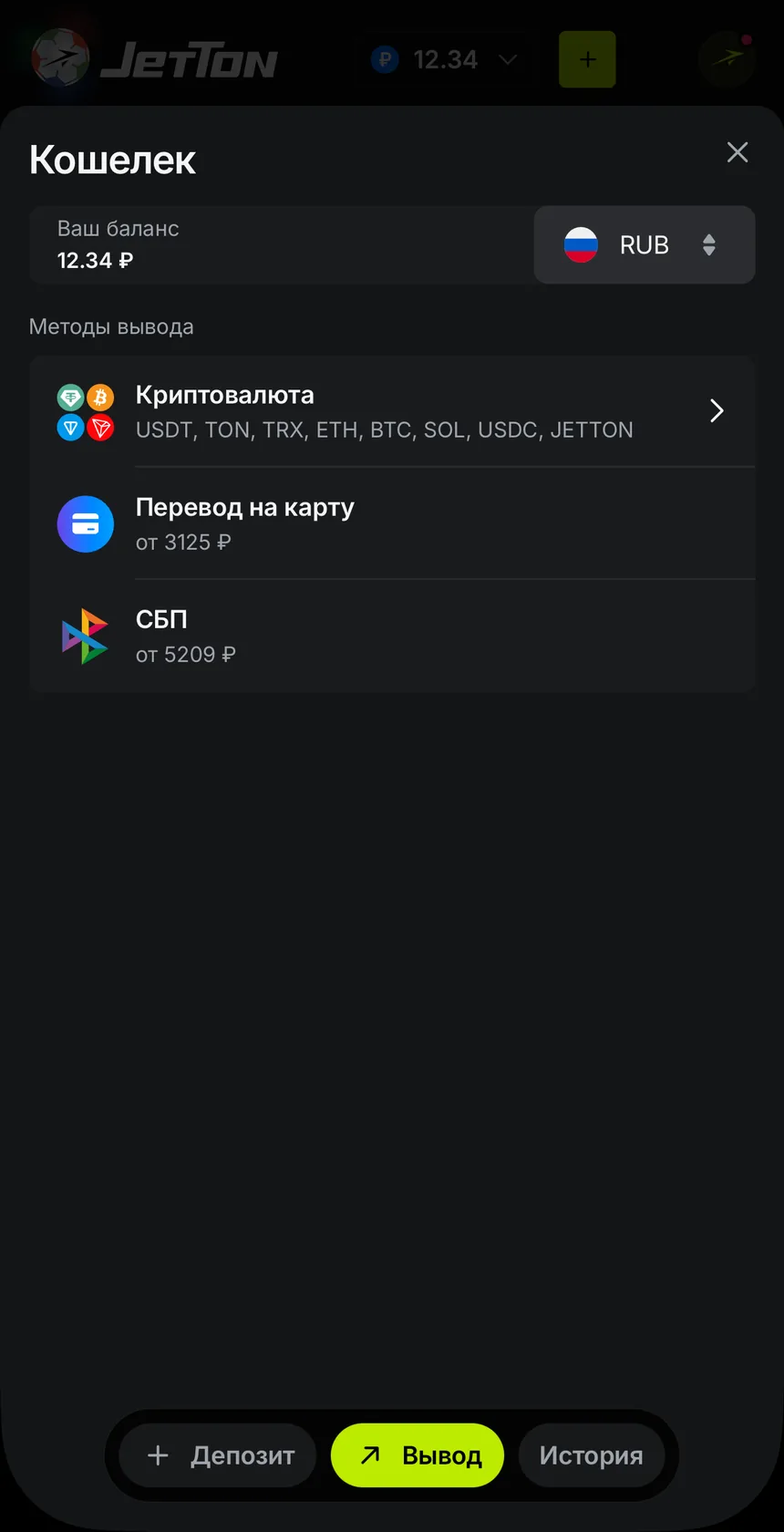 Методы вывода из JetTon: криптовалюта (USDT, TON, TRX, ETH, BTC, SOL), перевод на карту от 3 125 ₽, СБП от 5 209 ₽