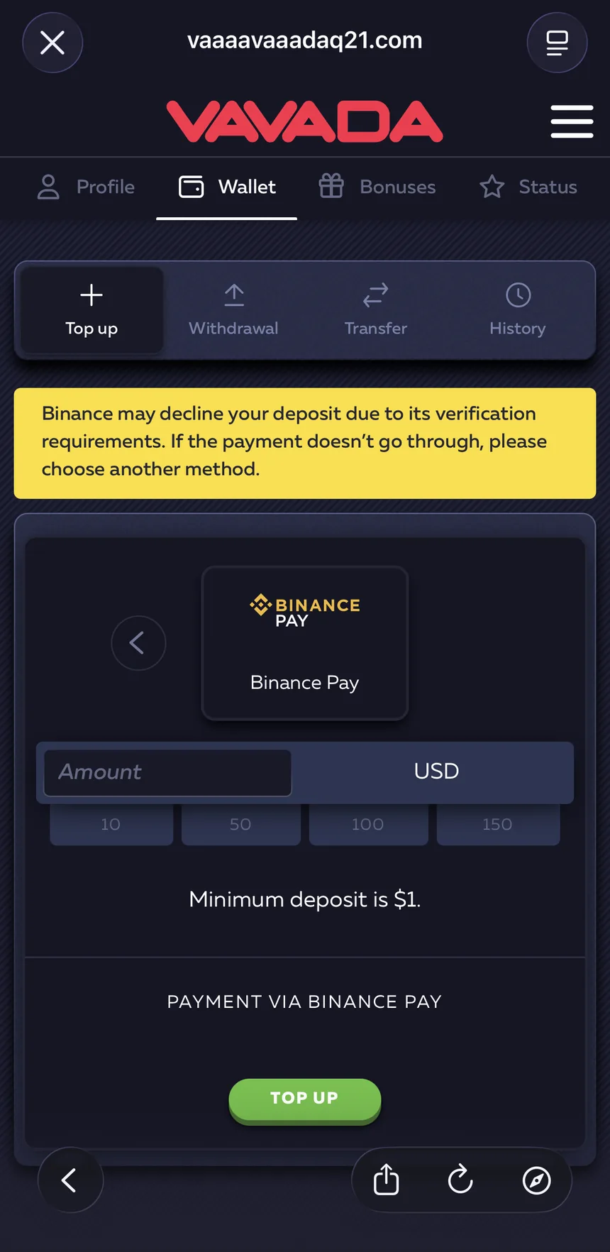 Vavada Binance Pay: минимальный депозит $1 и предупреждение, что Binance может отклонить платёж из-за требований верификации