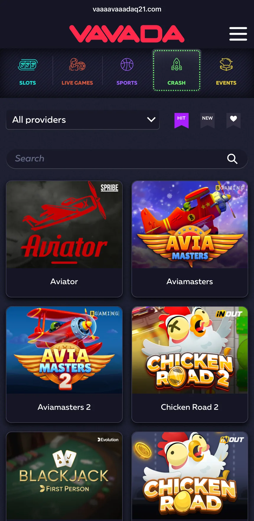 Краш-раздел Vavada: Aviator, Aviamasters, Chicken Road 2 — в меню вкладки слоты, live-игры, спорт, краш, события