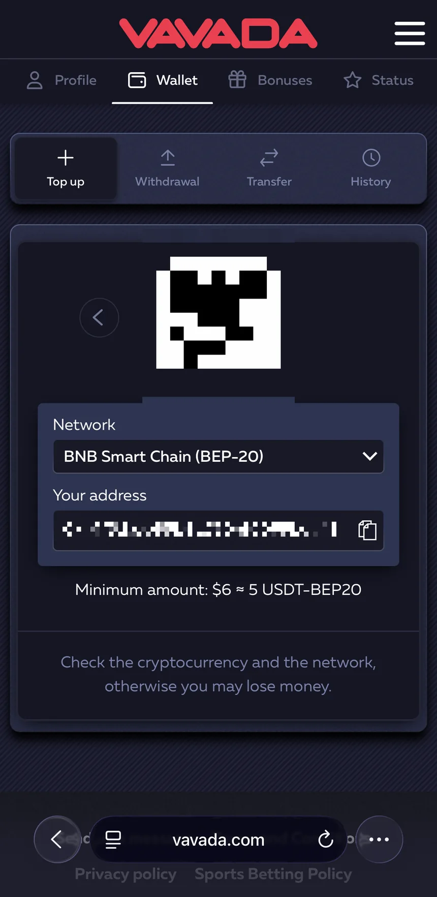 Пополнение Vavada USDT через BNB Smart Chain BEP-20: минимальная сумма $6 или 5 USDT